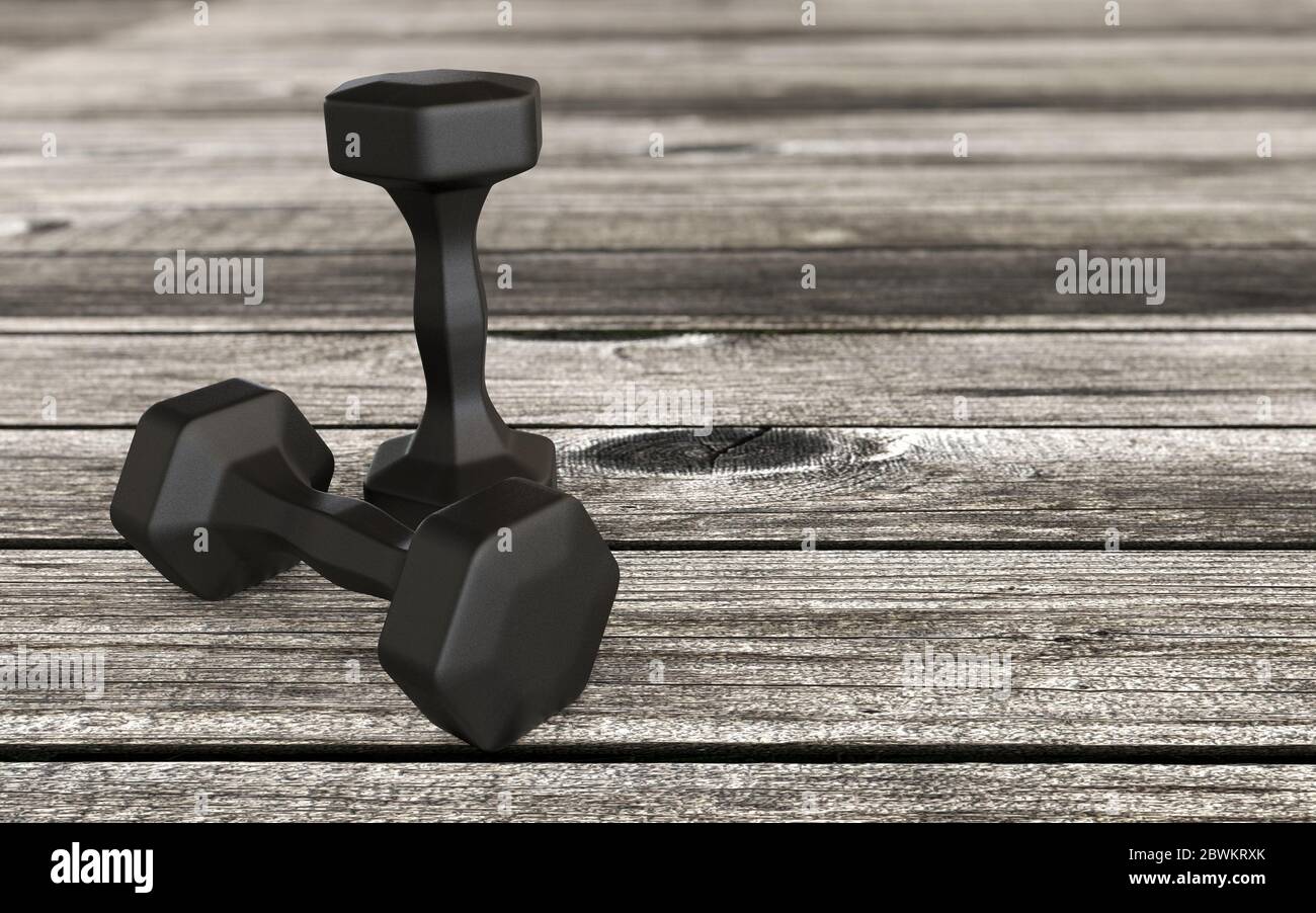 concetto di sollevamento del peso con pesi in gomma nera su un pavimento in legno con sfondo sfocato rendering 3d Foto Stock