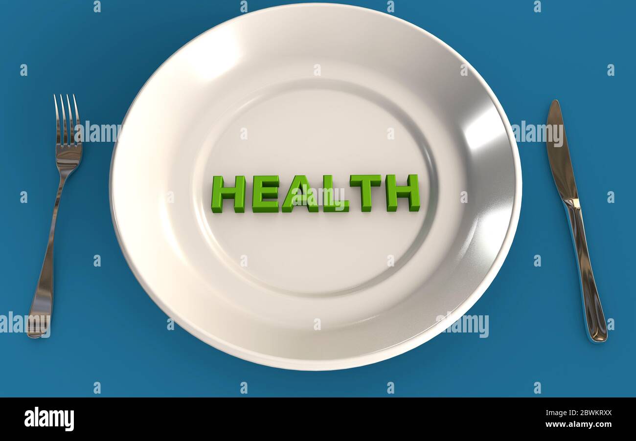 concetto di alimentazione sana con lettere verdi 3d su un piatto isolato su sfondo blu Foto Stock