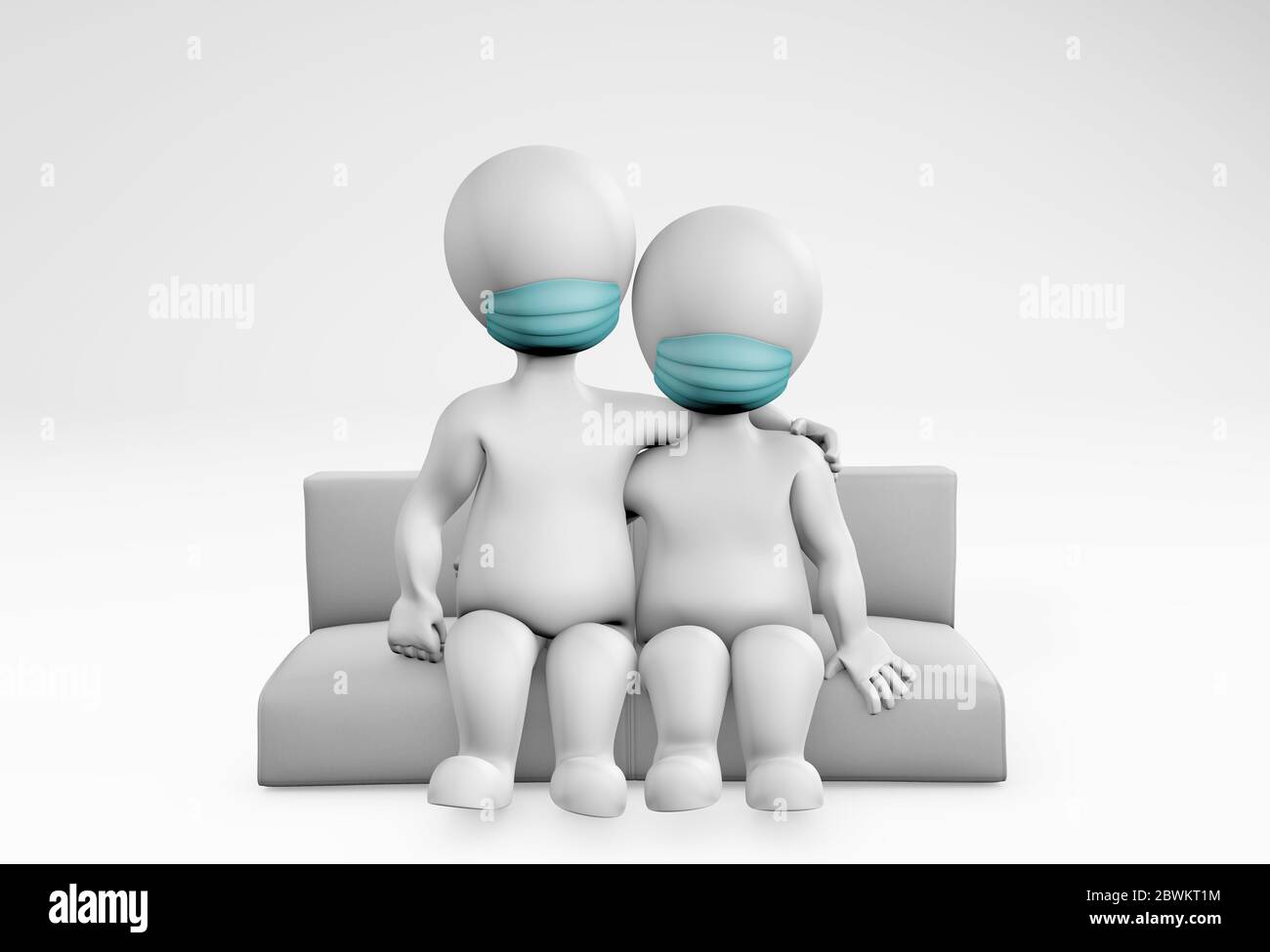 famiglia grassa in quarantena indossare maschere stare a casa seduta su un divano 3d rendering Foto Stock