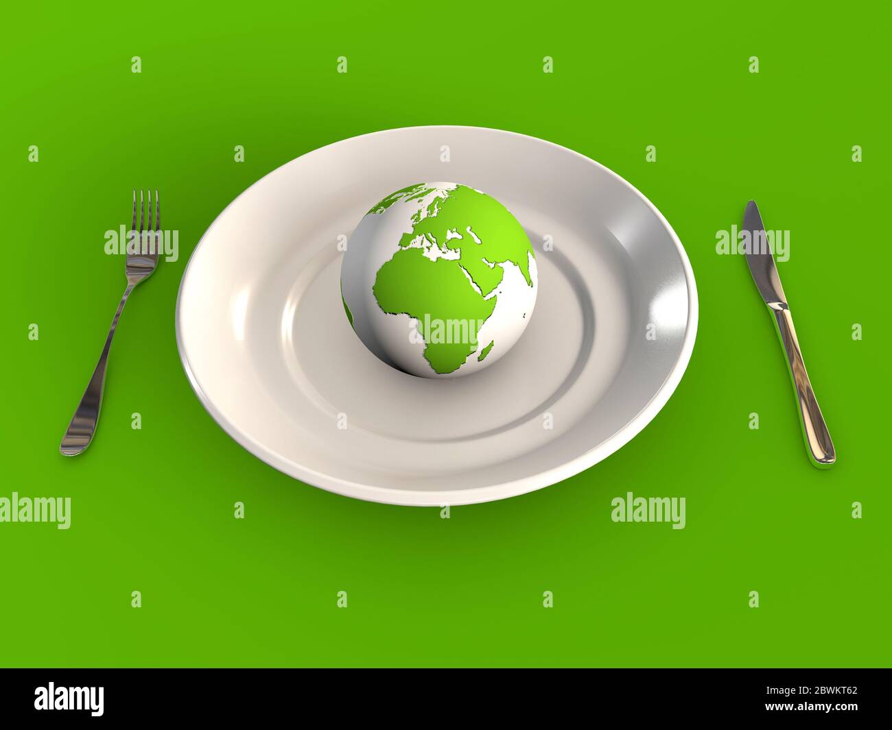 Globo su un piatto che illustra la politica globale industria alimentare salute 3D rendering concetto su sfondo verde Foto Stock
