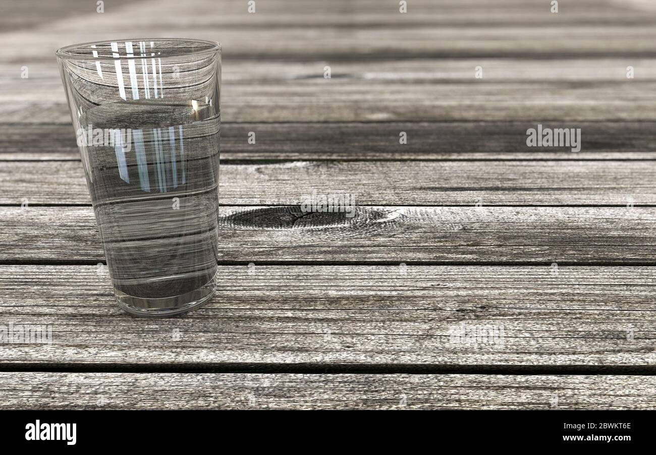 Vetro d'acqua su un tavolo di legno prospettiva sfondo 3d reso concetto per l'idratazione e la salute Foto Stock