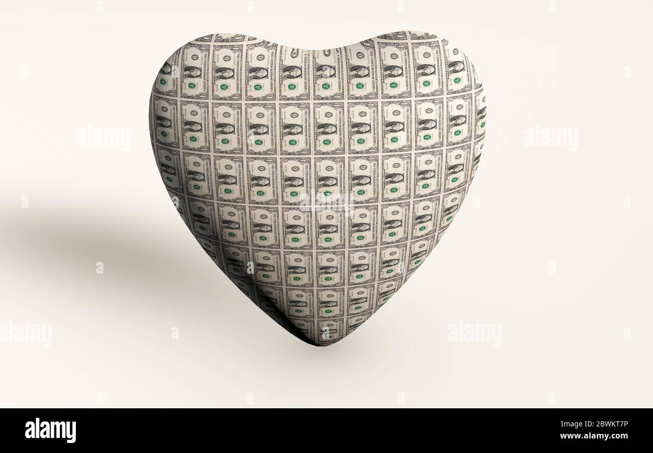 rendering 3d di un cuore fatto da noi dollari denaro, una metafora per l'equilibrio tra lavoro e vita Foto Stock