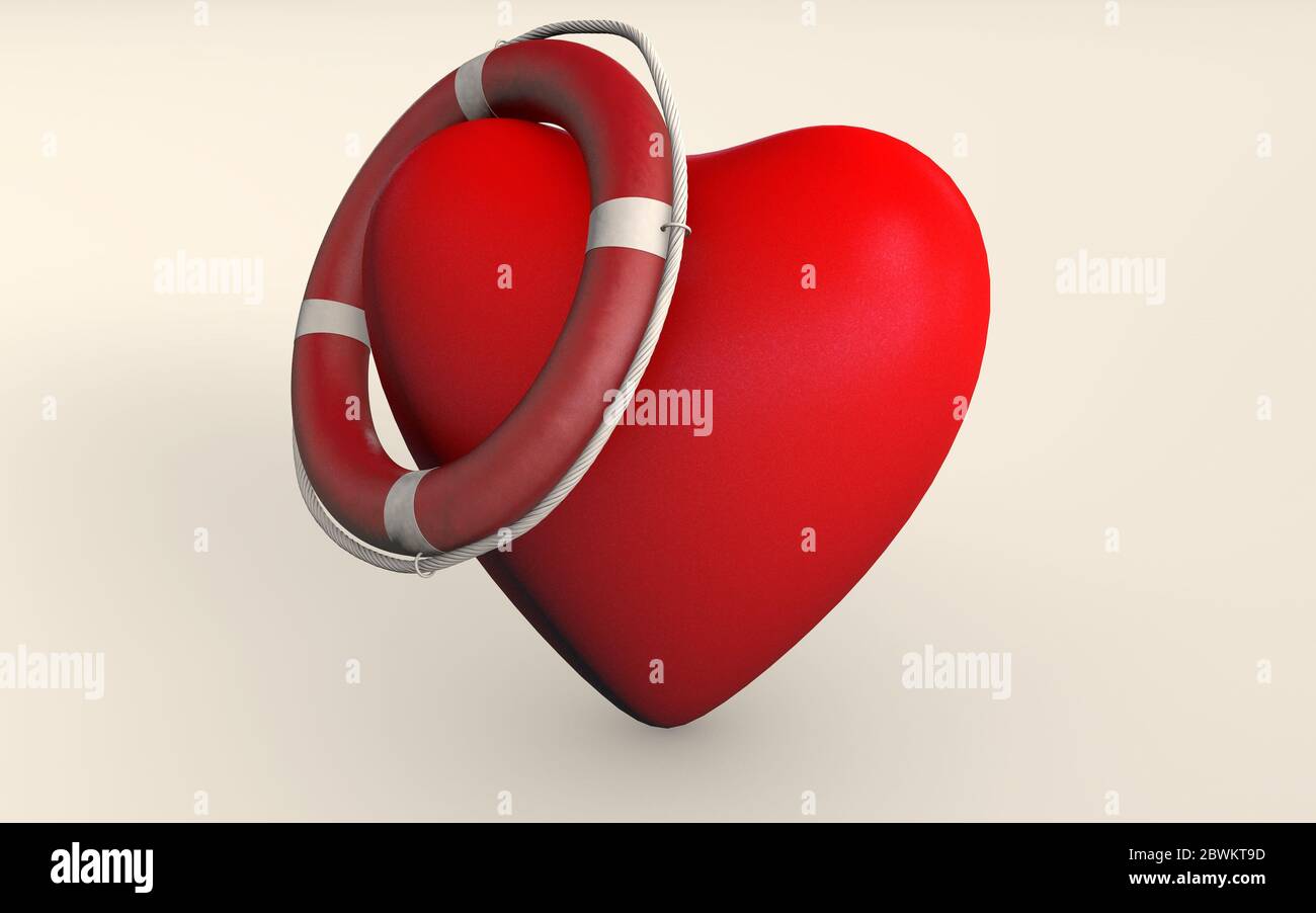 Forma del cuore rosso con aiuto salvavita. Salvare l'amore o il concetto di relazione. 3d con rendering isolato su sfondo bianco. Foto Stock