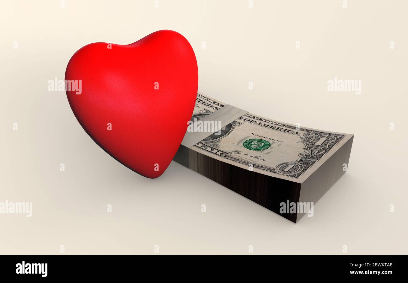 Forma del cuore rosso vicino ad un wad di soldi noi dollari americani. Illustrazione della coesistenza tra amore e denaro. Equilibrio lavoro-vita. Concetto aziendale. Foto Stock