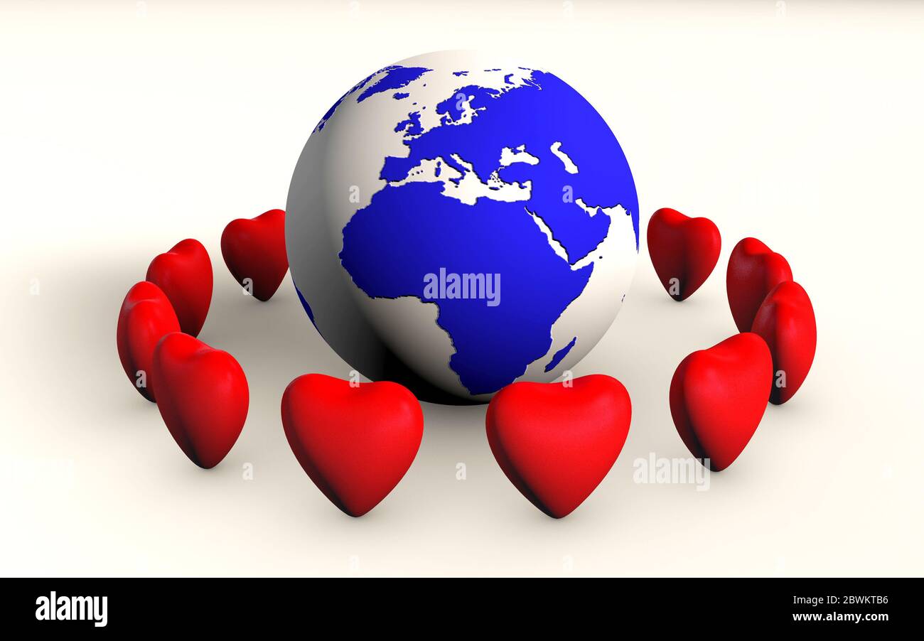 pianeta terra circondato da amore cuore 3d rendering concetto isolato su bianco Foto Stock