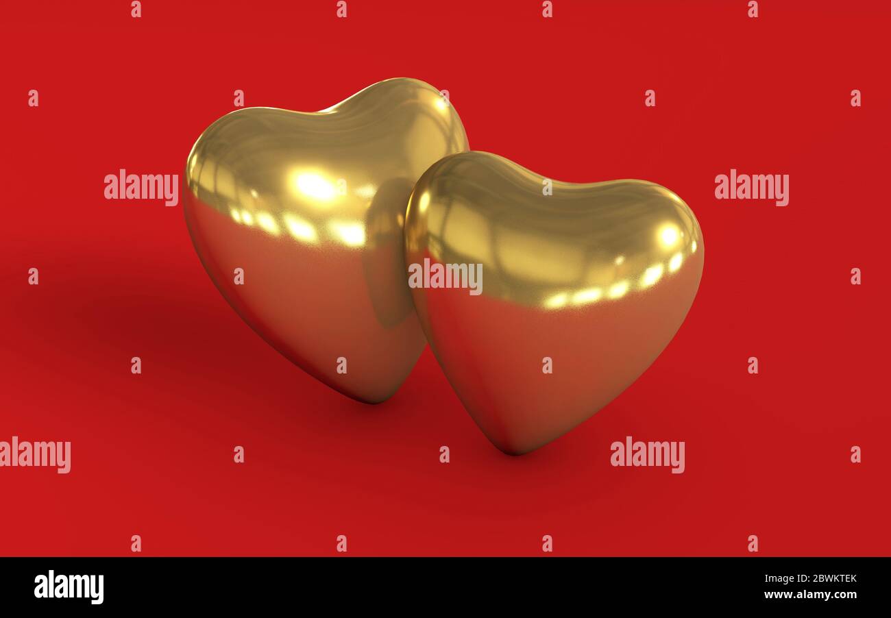 due cuori d'oro in love 3d rendering concetto isolato su sfondo rosso Foto Stock