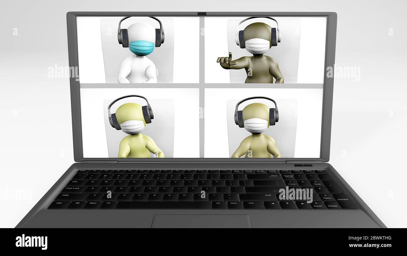 Videochiama team diversi con maschere 3d rendering isolato su bianco Foto Stock