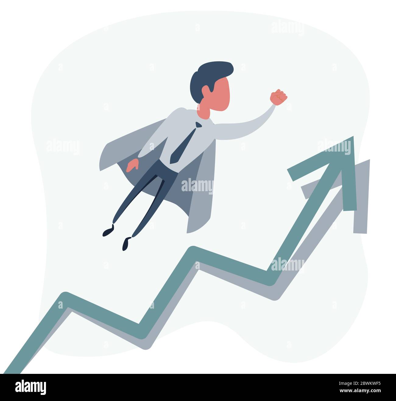 Grafico piatto super uomo d'affari che porta il business fino al cielo. Successo aziendale e concetto di leadership. Illustrazione Vettoriale