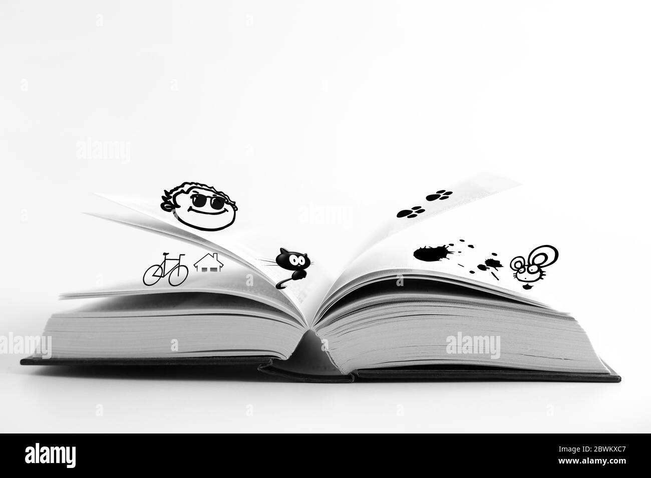 Apri il libro su sfondo bianco con divertenti icone nere cartoni animati. Cura di sé, tempo lontano dalla tecnologia. Scollegare i bambini dal computer, la conoscenza è l'alimentazione Foto Stock