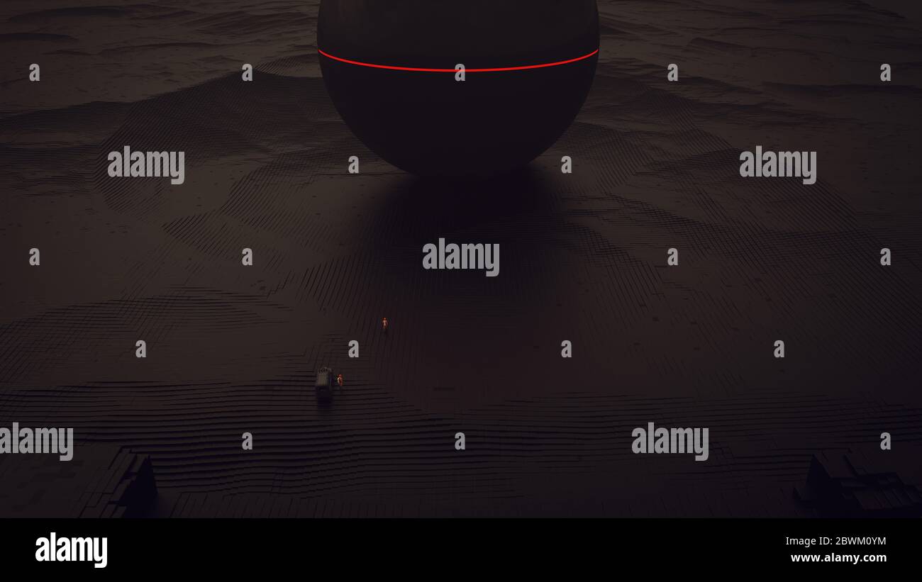 Gigante Alien sfera Nero geometrico astratto Cube Crater Plate Paesaggio con profondità di campo e 2 uomini in Hazmat Suites 3d illustrazione rendering Foto Stock