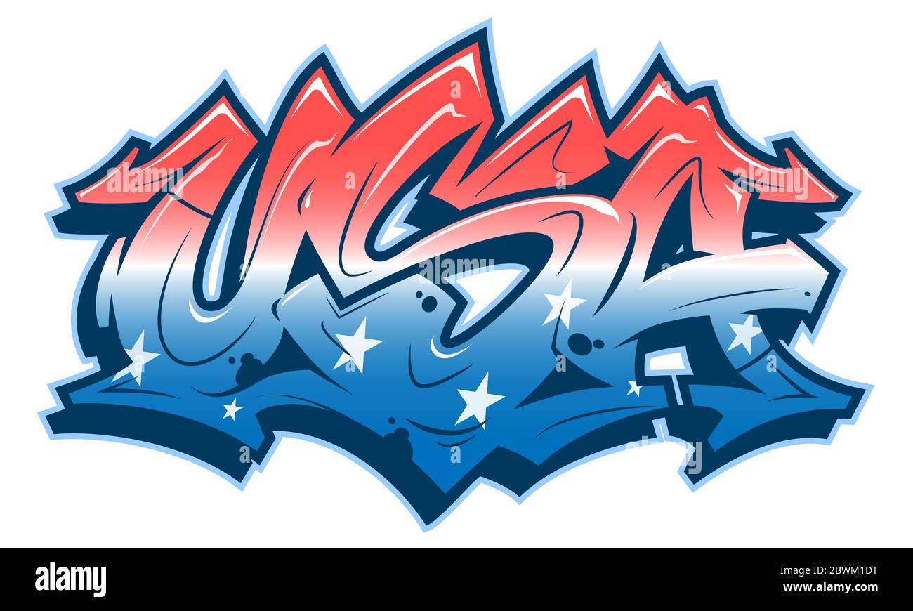 Caratteri USA in stile graffiti leggibile nei colori rosso bianco e blu. Banner vettoriale isolato su sfondo bianco. Illustrazione Vettoriale