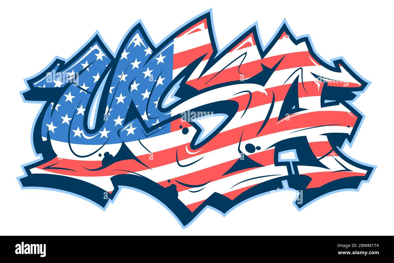 Scritta statunitense in stile graffiti leggibile con bandiera nazionale. Banner vettoriale isolato su sfondo bianco. Illustrazione Vettoriale