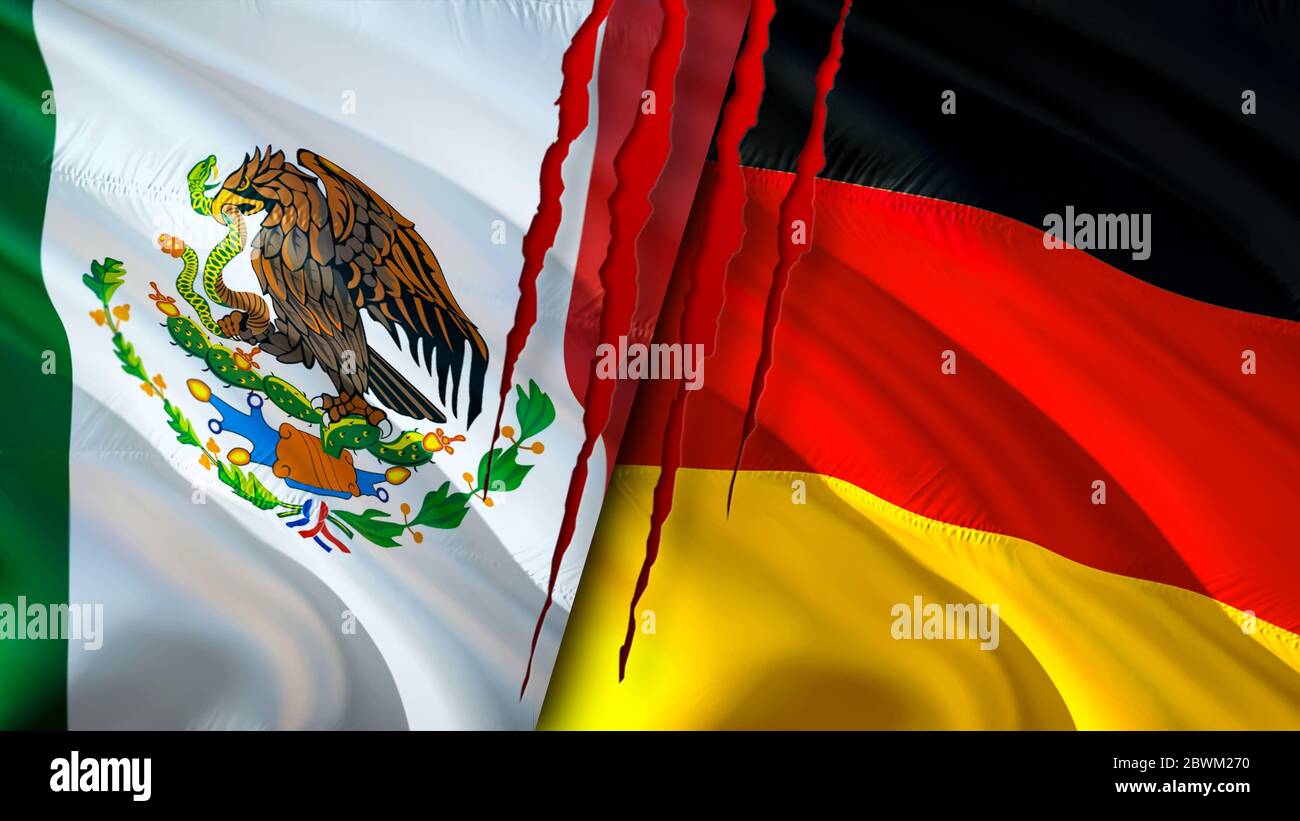 Bandiere del Messico e della Germania con il concetto di cicatrice. Flag di ondulazione, rendering 3D. Concetto di conflitto tra Messico e Germania. Messico Germania relazioni Concept. Bandiera di M. Foto Stock