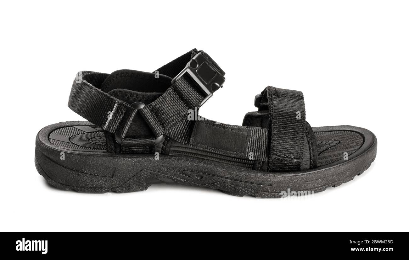 Paio di scarpe nero sandali isolate su bianco Foto Stock