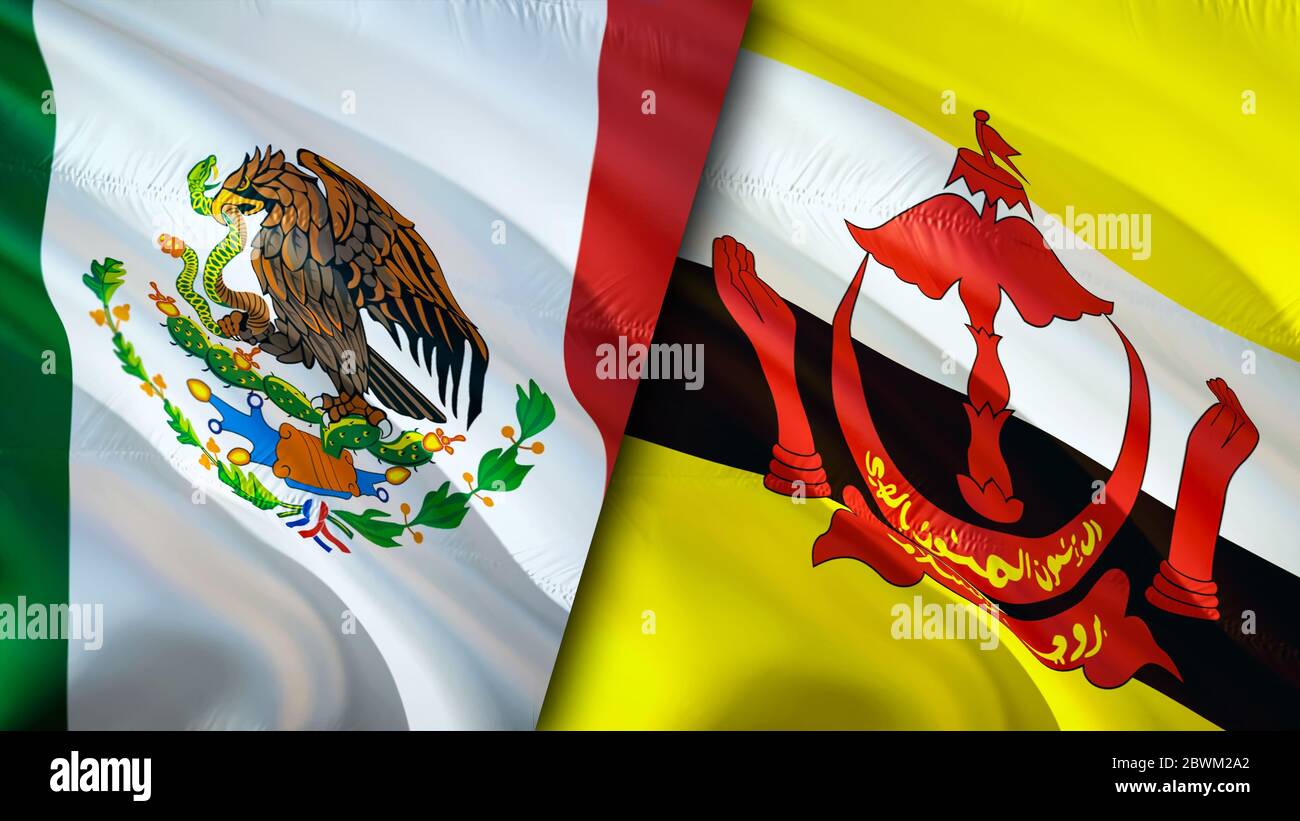 Bandiere del Messico e del Brunei. Design con flag ondulatorio 3D. Messico Brunei bandiera, foto, sfondo. Immagine Messico vs Brunei,rendering 3D. Messico Brunei relazioni a Foto Stock