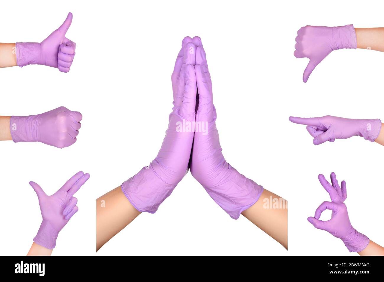 Set di gesti delle mani in guanti chirurgici in lattice monouso lilla isolati su sfondo bianco. Set di cartelli per mano. Foto Stock