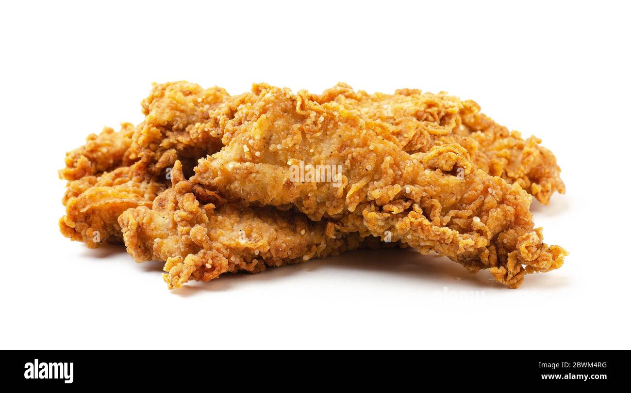 Strisce di pollo isolate su sfondo bianco Foto Stock