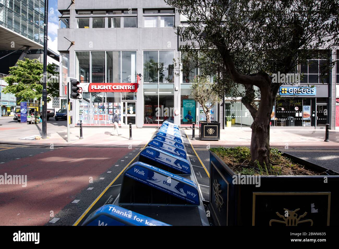 Pedonanizzazione di Deansgate, Manchester, durante la pandemia del coronavirus 2020. Foto Stock