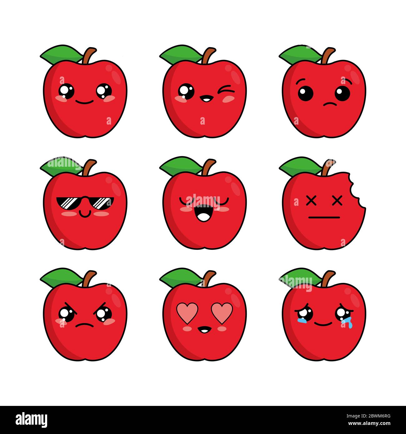 Set di cartoni animati di cute Apple Character Design, vettore modello di illustrazione di Apple Icon Foto Stock