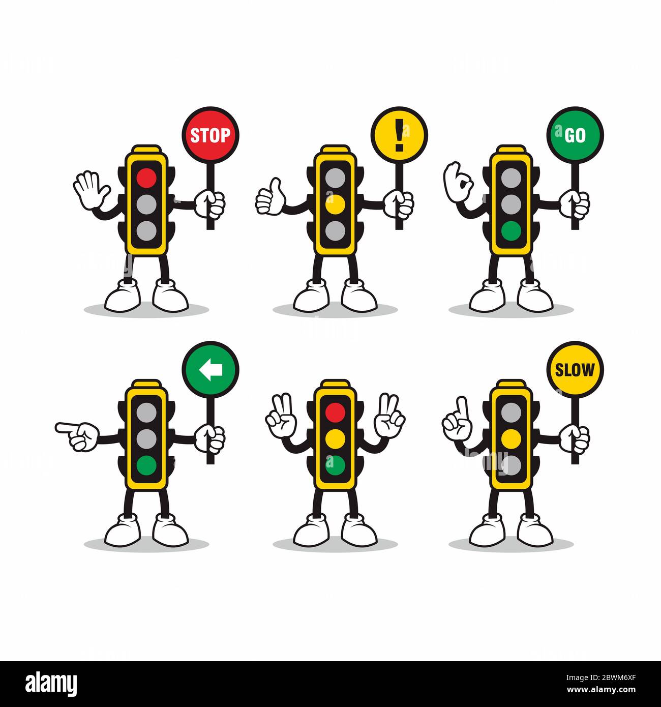 Serie vettoriale di caratteri Trafic Light con diverse pose Design, modello di cartoon semaforo Foto Stock