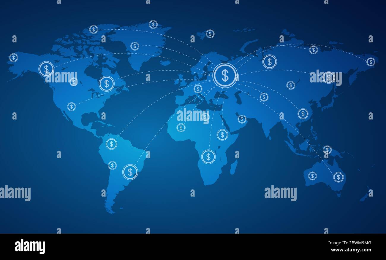 Trasferimenti di denaro in tutto il mondo. Illustrazione vettoriale piatta delle rotte finanziarie sulla mappa mondiale Illustrazione Vettoriale