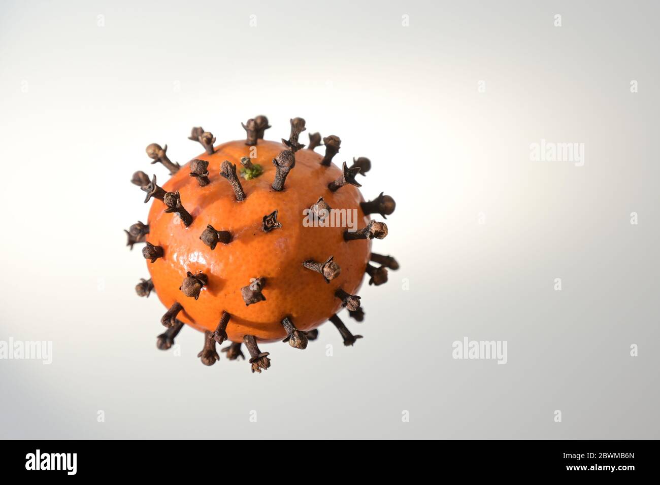 Tangerina con i chiodi di garofano che assomigliano a un coronavirus, ma le vitamine rinforzano il sistema immunitario e i chiodi di garofano hanno un effetto disinfettante, con creativo di salute Foto Stock