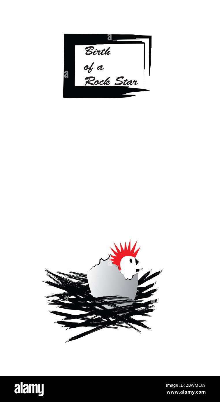 illustrazione della nascita di un pollo bambino con punk stile capelli rossi Foto Stock