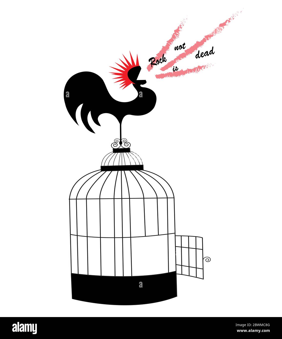 illustrazione di un gallo urlando dalla cima di una gabbia di uccelli che la roccia non è morta esprimendo la scelta di avere il freeodm per fare qualsiasi cosa Foto Stock