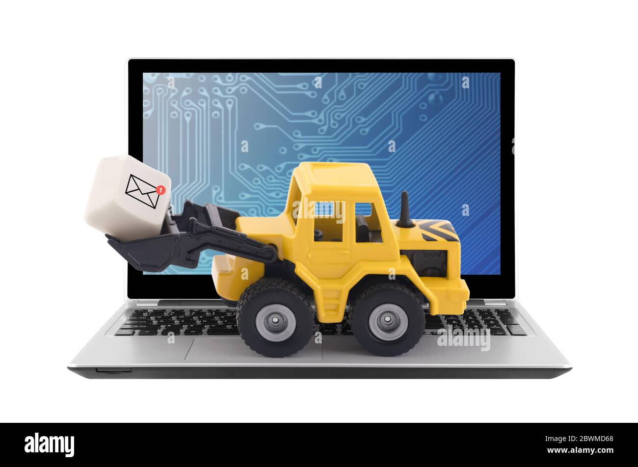 Bulldozer con nuova grafica e-mail su chiave del computer su computer portatile isolato su sfondo bianco Foto Stock
