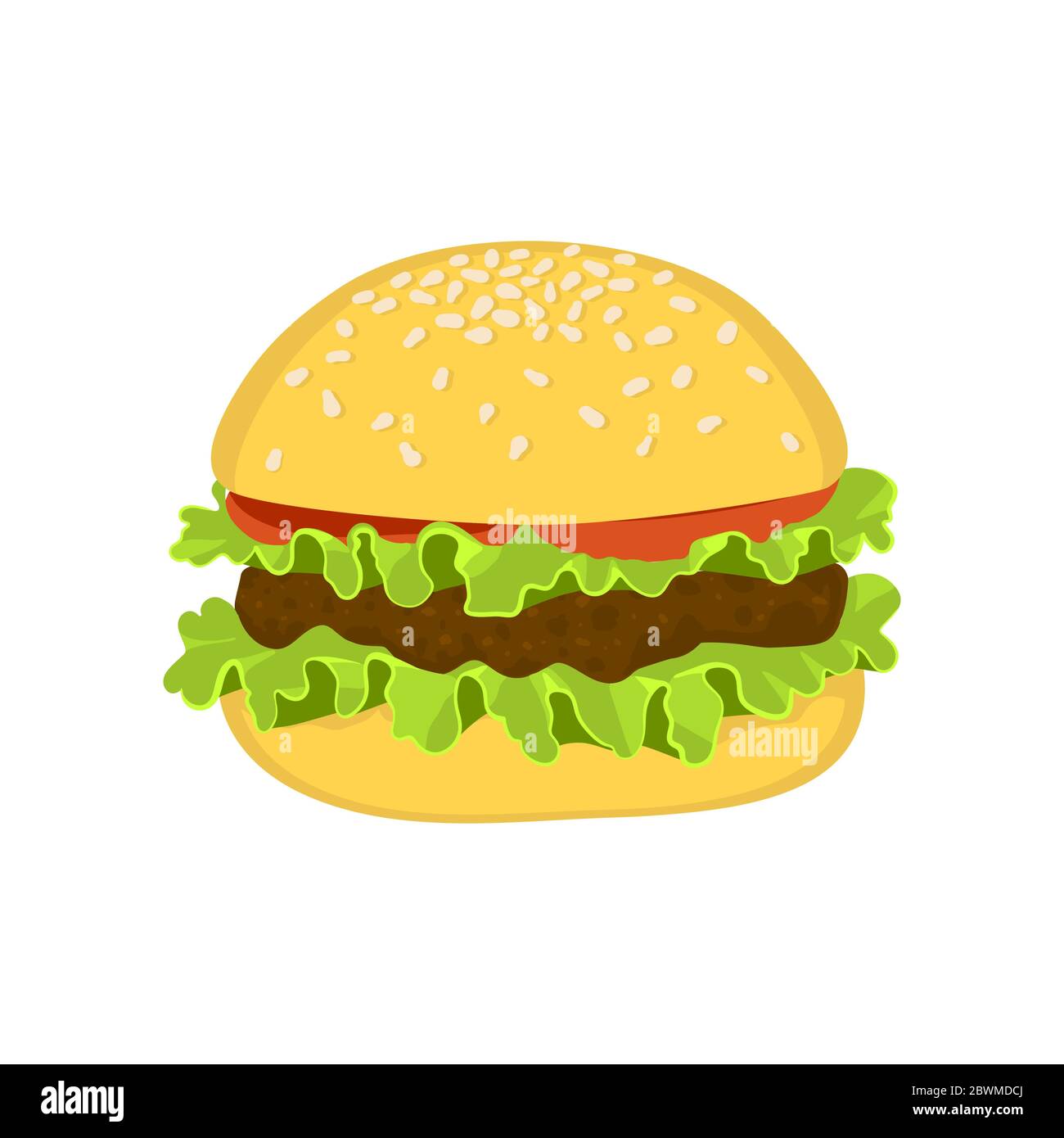Hamburger con carne, lattuga e pomodoro. Illustrazione vettoriale. Hamburger grande gustoso con formaggio e semi di sesamo isolati su sfondo bianco. Illustrazione Vettoriale