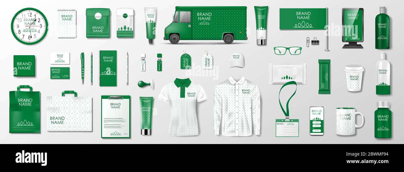 Progettazione di modelli di identità aziendali. Kit di disegno di marcare a caldo per il salone di bellezza, il negozio di cosmetici o il negozio biologico. Set di articoli da cancelleria per il business verde. Vettore Illustrazione Vettoriale
