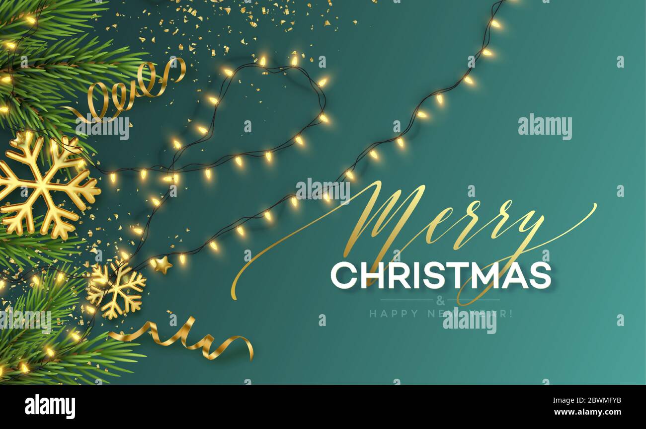 Banner di Natale. Luci da garland scintillanti realistiche con fiocchi di neve dorati e una finta dorata su sfondo con le cialde dell'albero di Natale. Vettore Illustrazione Vettoriale