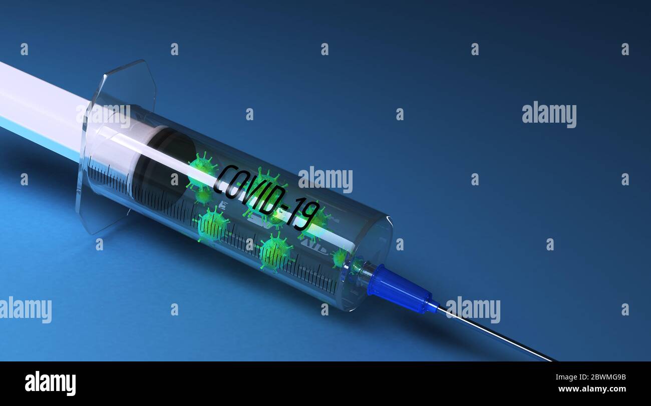 Rendering 3D di una siringa iniettata in un virus corona. rendering 3d Foto Stock