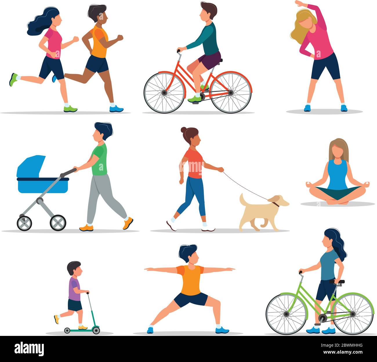 Persone che fanno varie attività all'aperto, isolato. Correre, in bicicletta, in scooter, camminare il cane, allenarsi, meditare, camminare con il carrello del bambino Illustrazione Vettoriale