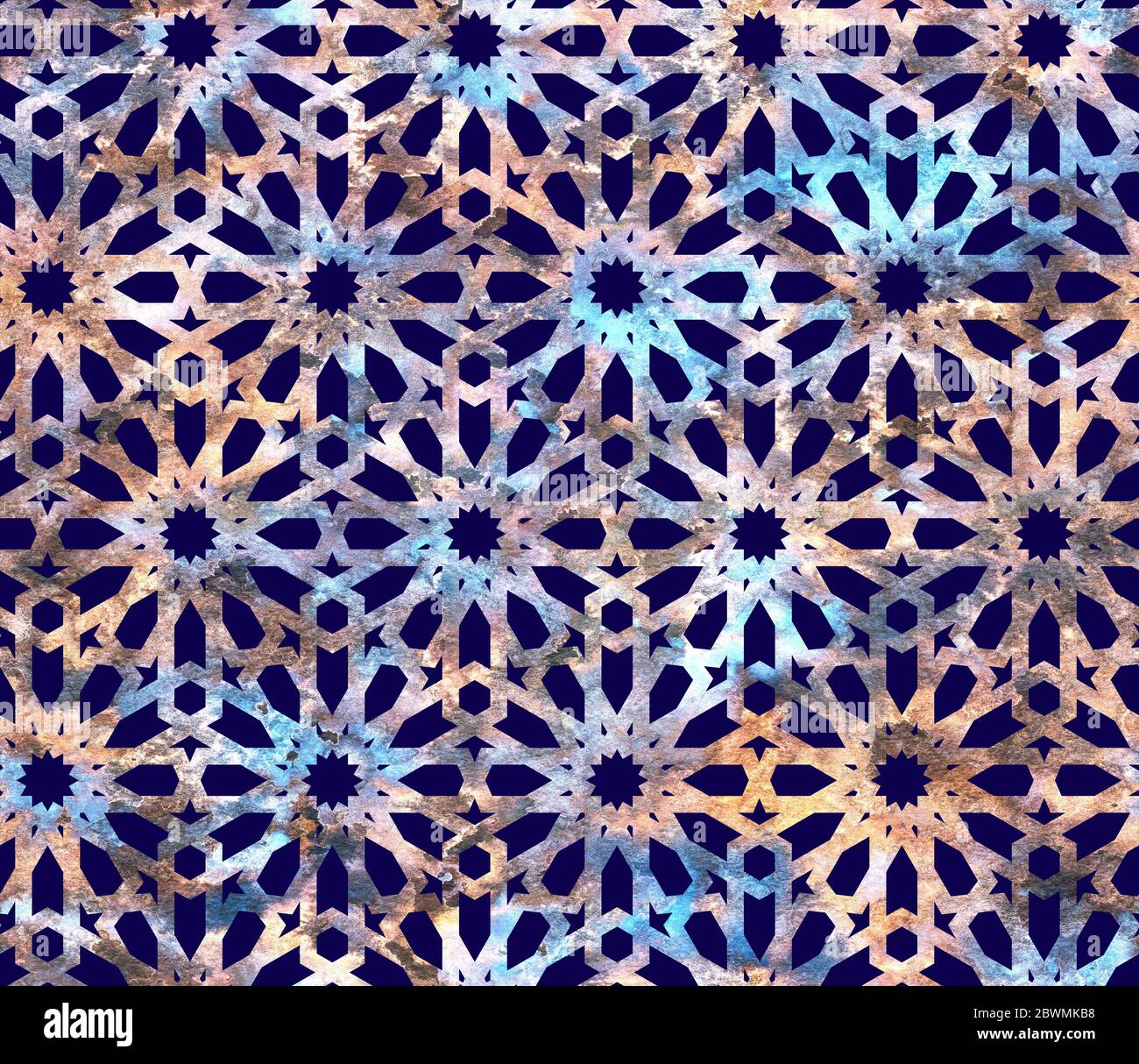 Griglia colorata e geometrica su sfondo scuro in stile arabesco. Motivo senza cuciture con texture melange Foto Stock