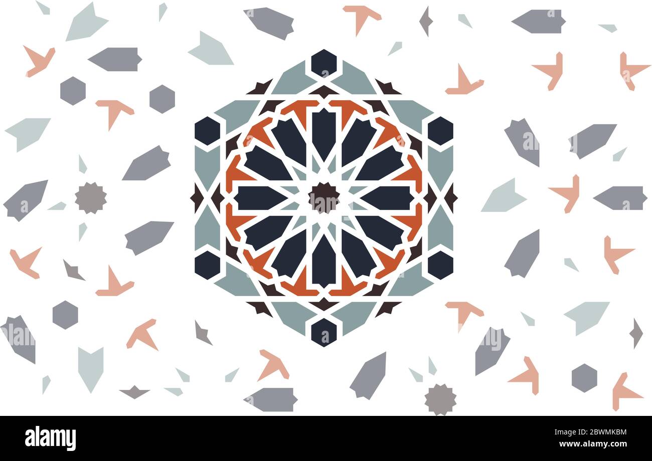 Modello vettoriale arabo. Motivo arabo con disintegrazione delle piastrelle arabescate di colore e luminoso elemento centrale Illustrazione Vettoriale