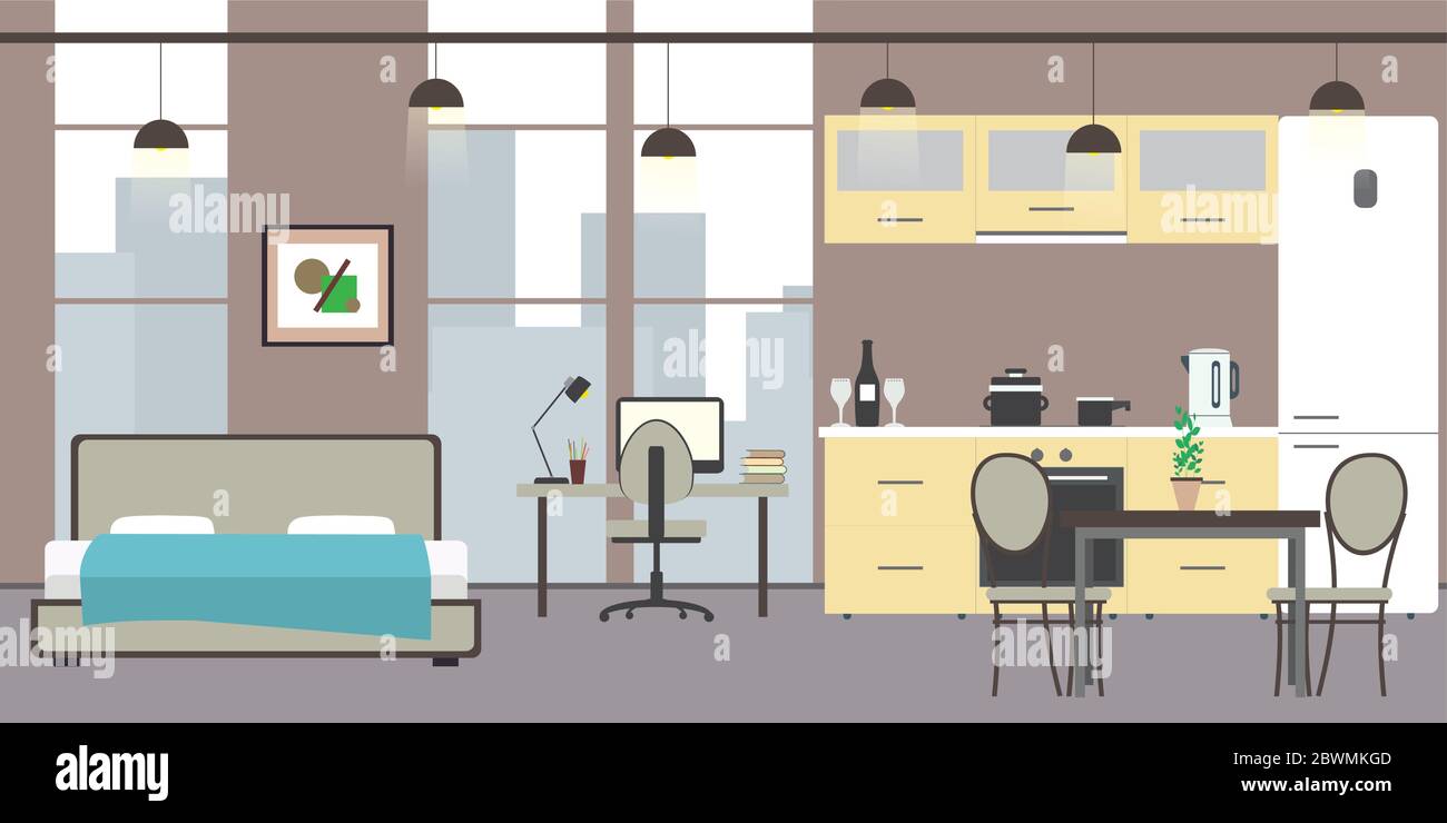 Appartamento monolocale vuoto con grandi finestre. Letto, spazio di lavoro e cucina con utensili, piatto vettoriale illustrazione Illustrazione Vettoriale