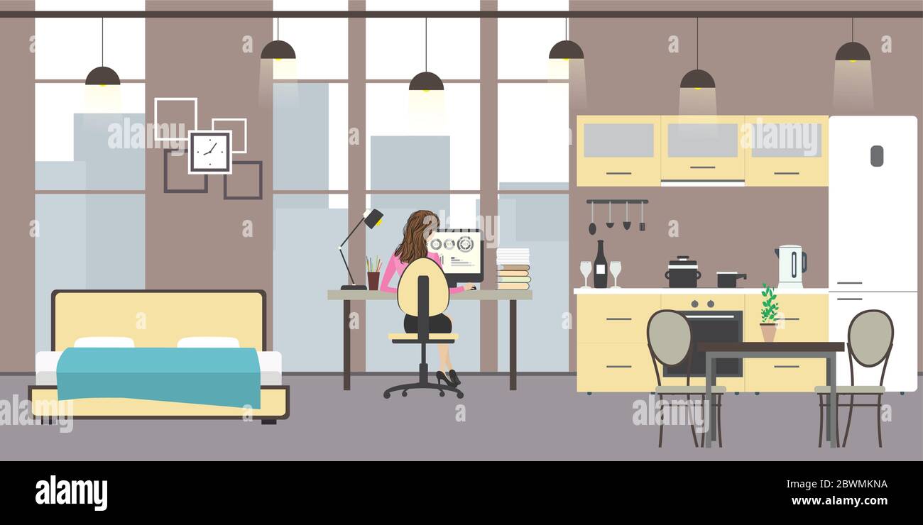 Appartamento monolocale con grandi finestre. Letto, spazio di lavoro e cucina con utensili, donna seduta al tavolo e in funzione, piatto illustrazione vettoriale Illustrazione Vettoriale