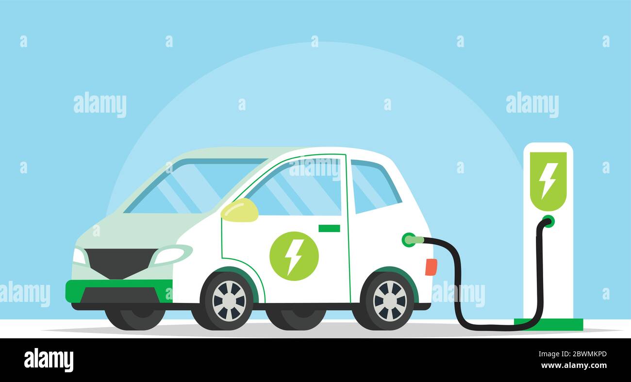 Auto elettrica che carica la batteria, illustrazione concettuale per ambiente ecologico, ecologia, sostenibilità, aria pulita, futuro. Illustrazione vettoriale in piano Illustrazione Vettoriale