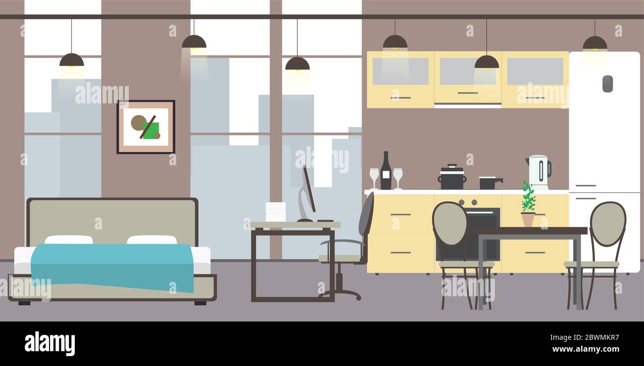 Appartamento monolocale vuoto con grandi finestre. Letto, spazio di lavoro e cucina con utensili, piatto vettoriale illustrazione Illustrazione Vettoriale