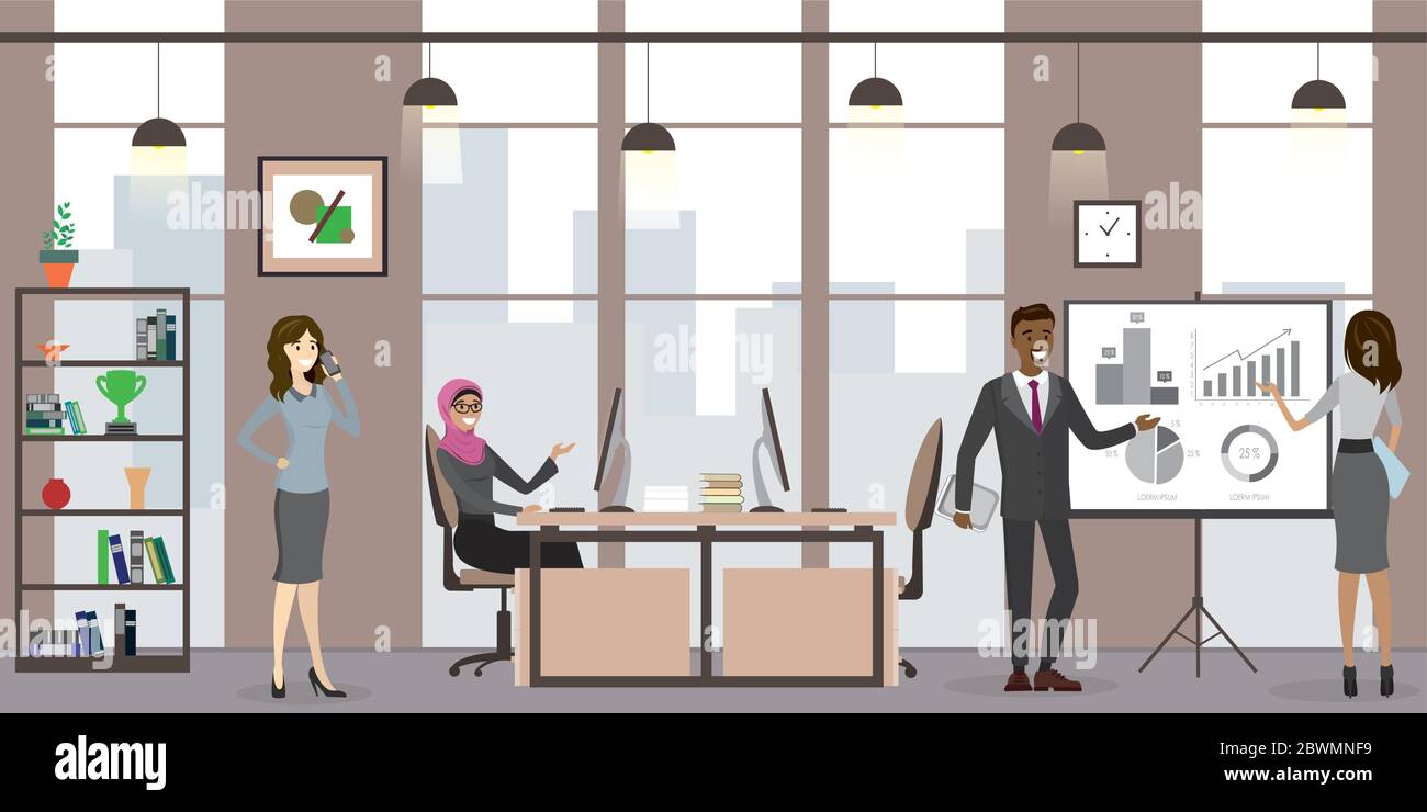 Gruppo di persone in affari o di lavoratori in ufficio moderno, interni del luogo di lavoro con mobili, team aziendale, illustrazione vettoriale piatta Illustrazione Vettoriale