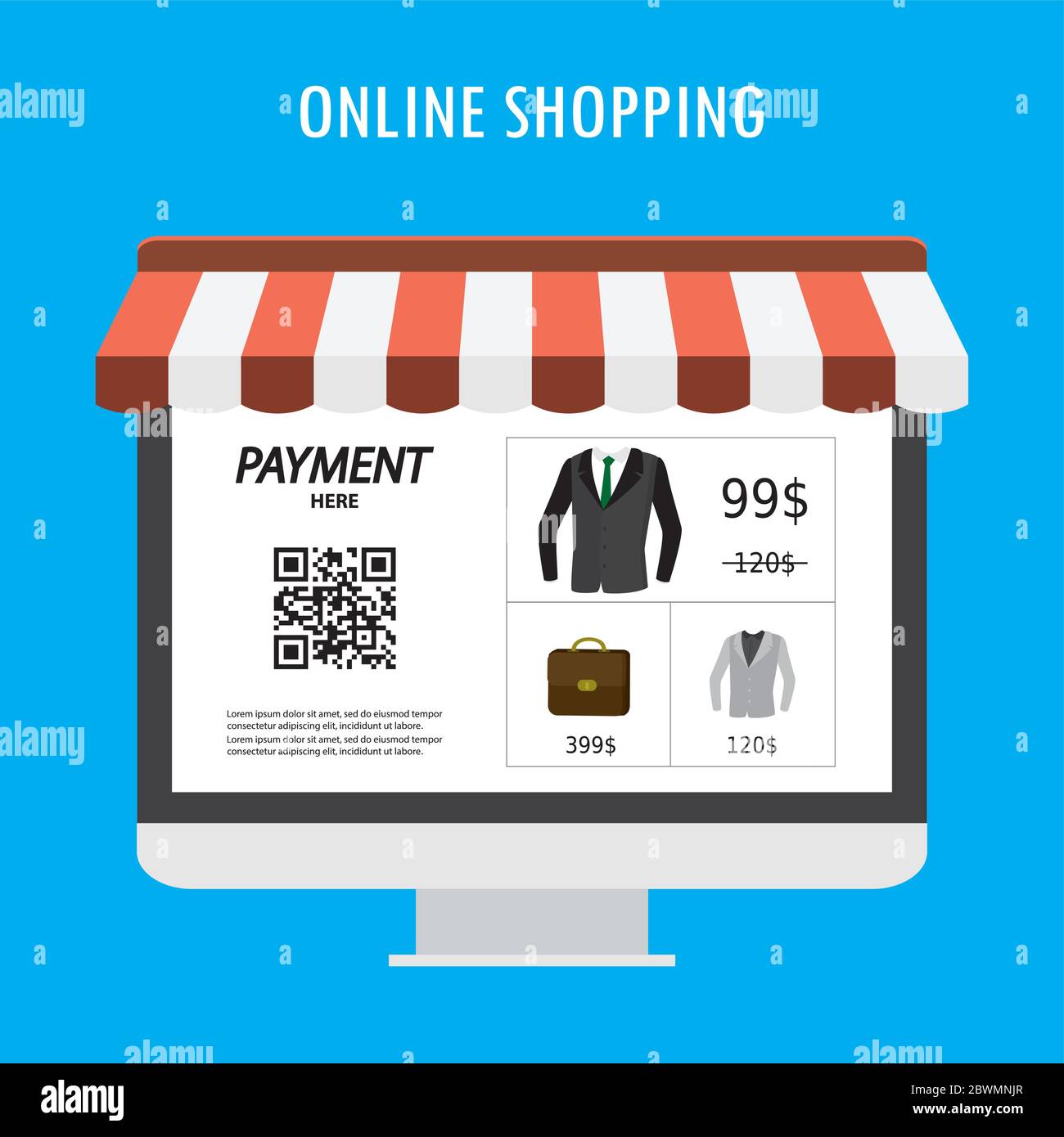 Shopping online, schermo monitor con applicazione del negozio e codice qr per il pagamento, design piatto, illustrazione vettoriale Illustrazione Vettoriale