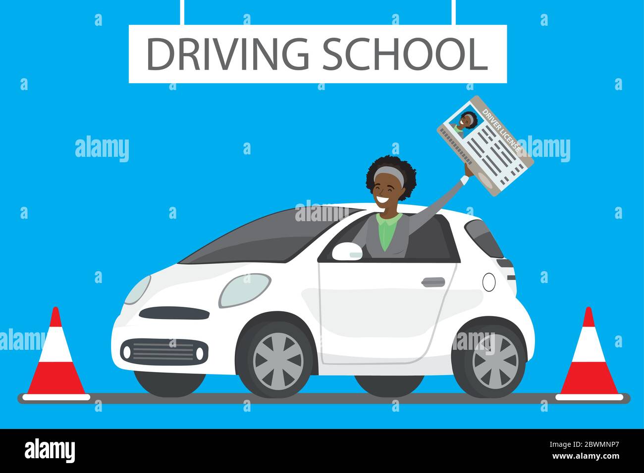 Happy cartoon african american femminile siting in bianco guida scuola auto outdoor.Girl con patente di guida Design concetto driver istruzione, vettore piatto Illustrazione Vettoriale