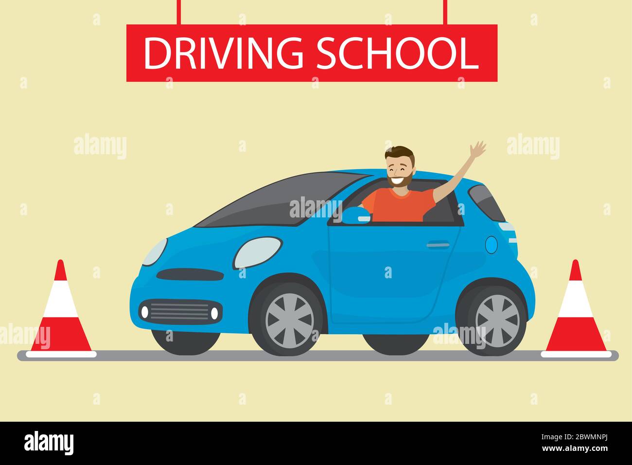 felice giovane caucasico uomo seduto in auto scuola guida blu all'aperto. Design concept driver formazione, stile piatto illustrazione vettoriale Illustrazione Vettoriale