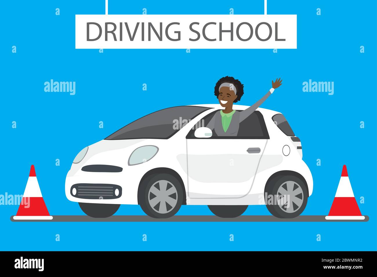 Happy cartoon afroamericana siting femminile in bianco guida auto scuola all'aperto. Progettazione concetto driver formazione, flat vettoriale illustrazione Illustrazione Vettoriale