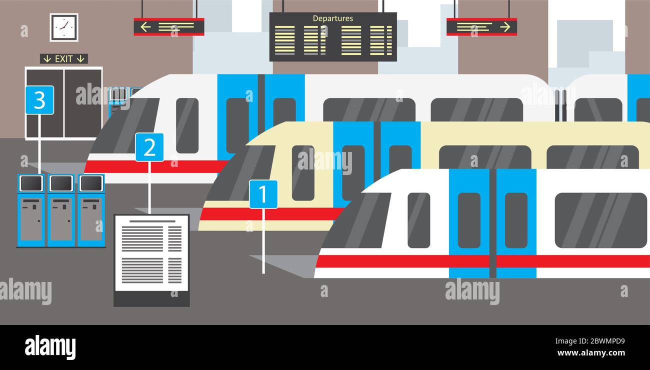 Stazione ferroviaria vuota, concetto di trasporto, illustrazione vettoriale piatta Illustrazione Vettoriale