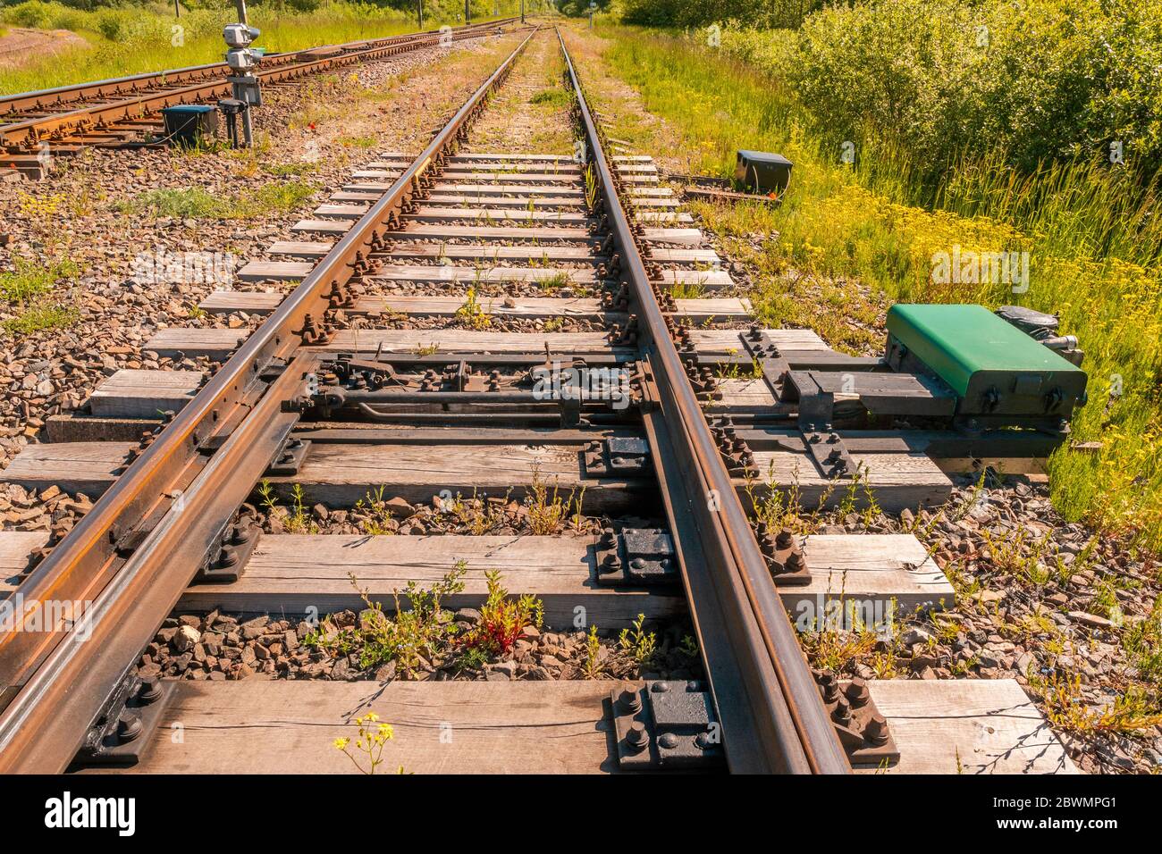 Meccanismo di traslazione delle frecce ferroviarie per cambiare la carreggiata del treno Foto Stock