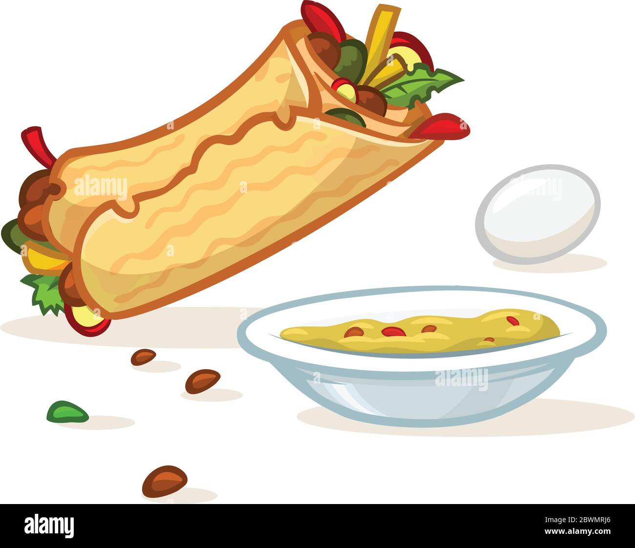 Rotolo di falafel cartoon, piatto con hummus e illustrazione dell'uovo. Icone Street food. Vettore isolato Illustrazione Vettoriale
