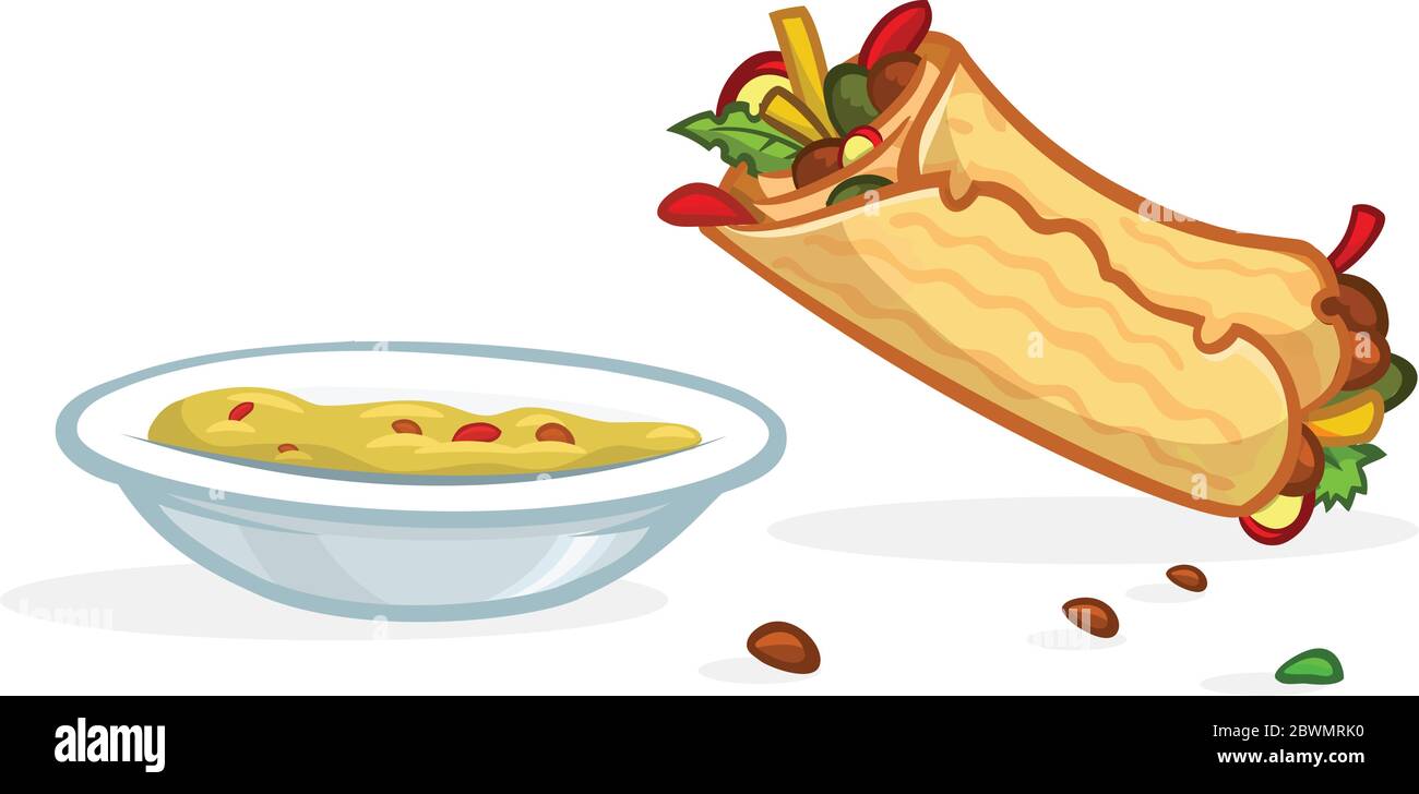 Rotolo di falafel cartoon, piatto con hummus. Icone Street food. Illustrazione vettoriale isolata Illustrazione Vettoriale