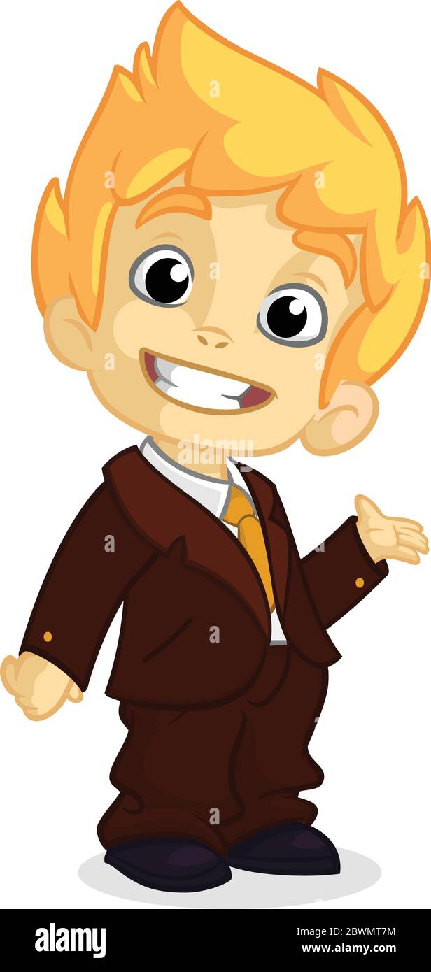 Illustrazione vettoriale di un ragazzo biondo nei vestiti dell'uomo. Cartone  animato di un ragazzo vestito in su in un vestito marrone di affari di mans  che presenta Immagine e Vettoriale - Alamy